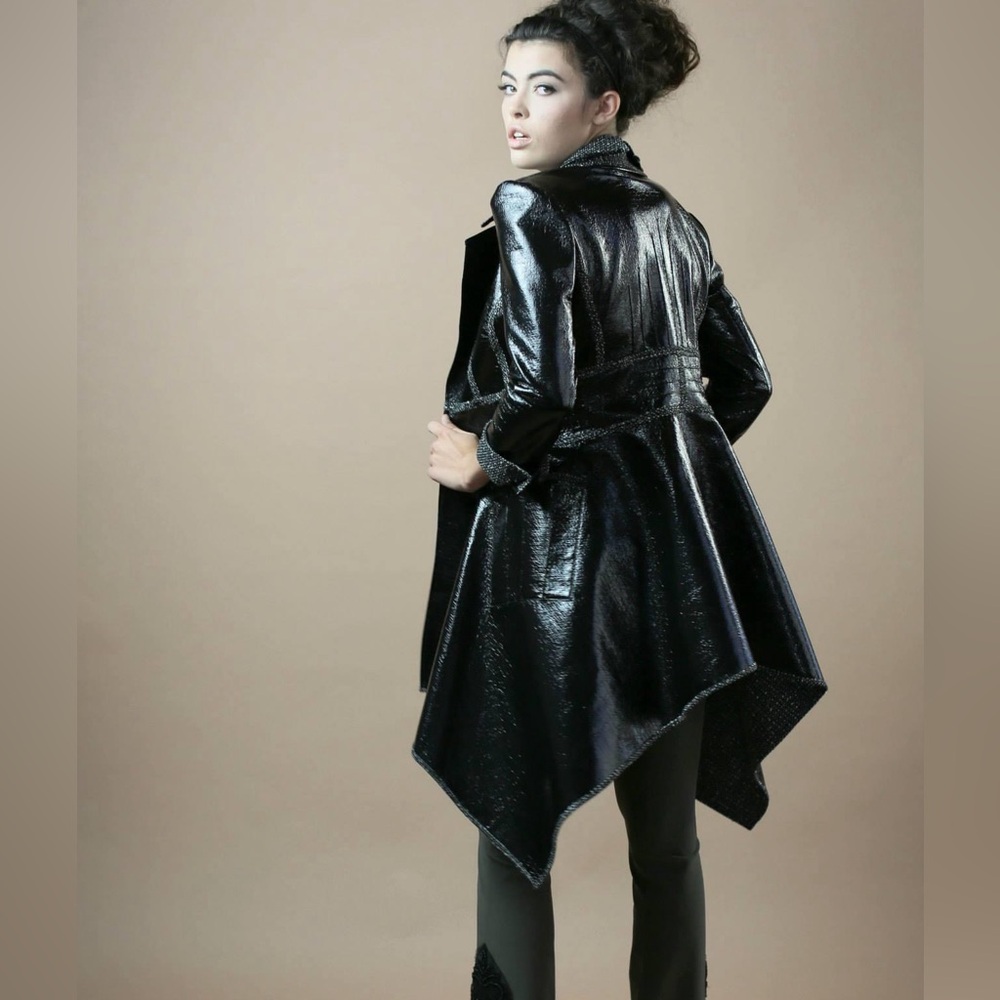 Faux leather shiny black and white lined wrap jacket trench coat